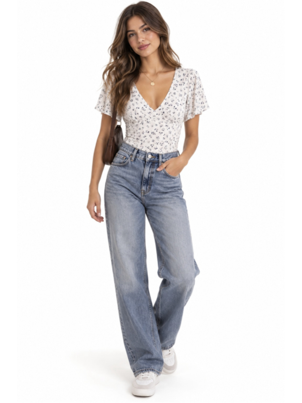 Abercrombie & Fitch Floral V-Neck Bodysuit Size M White Blue Ditsy Y2K